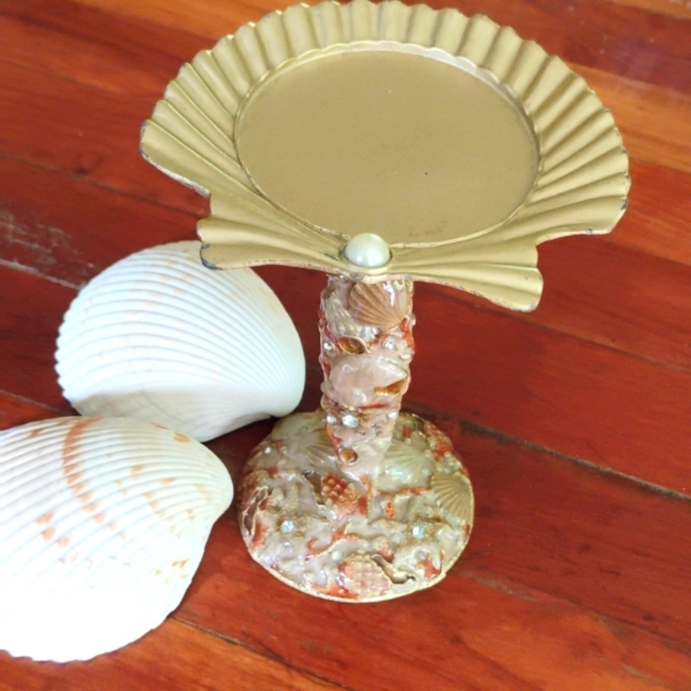 🐚  SEASHELL THEME PILLAR CANDLE HOLDER GOLD & COPPER 6" Heavy